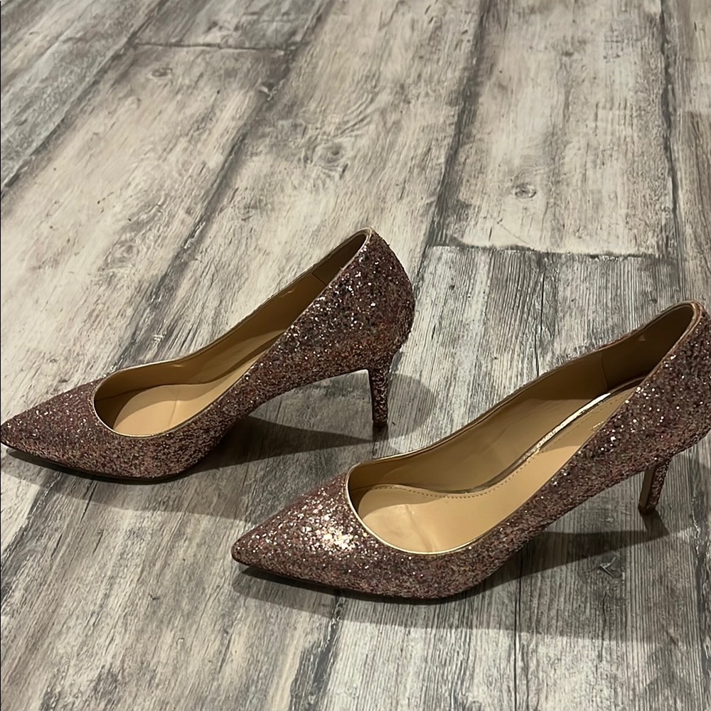 Pink High Heel Stiletto Pumps with Pointed Toe and Glitter Finish